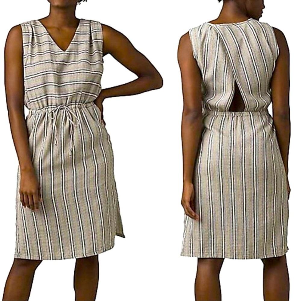Prana Ecotropics Organic Cotton Midi Dress Large Striped Pockets Open Back